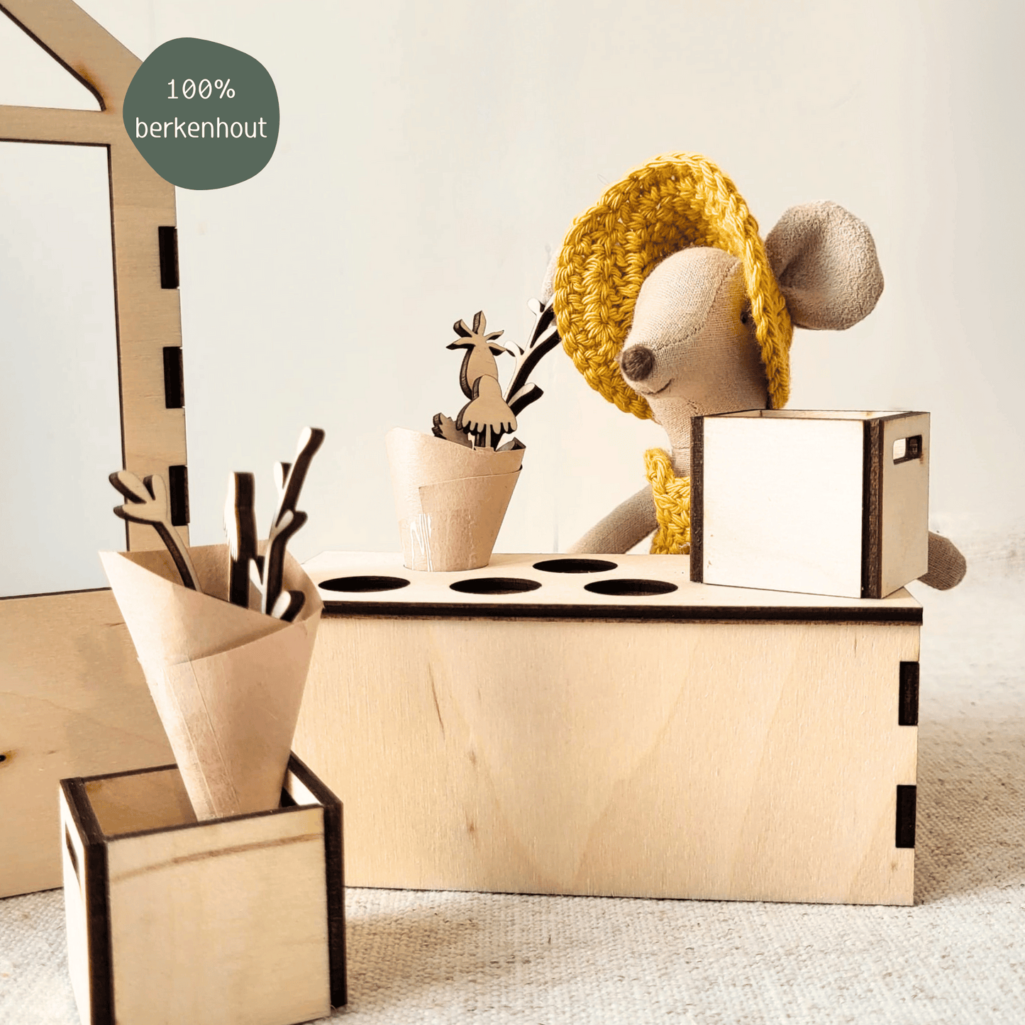 Houten bloemenkraam – poppenhuis accessoire in schaal 1:12