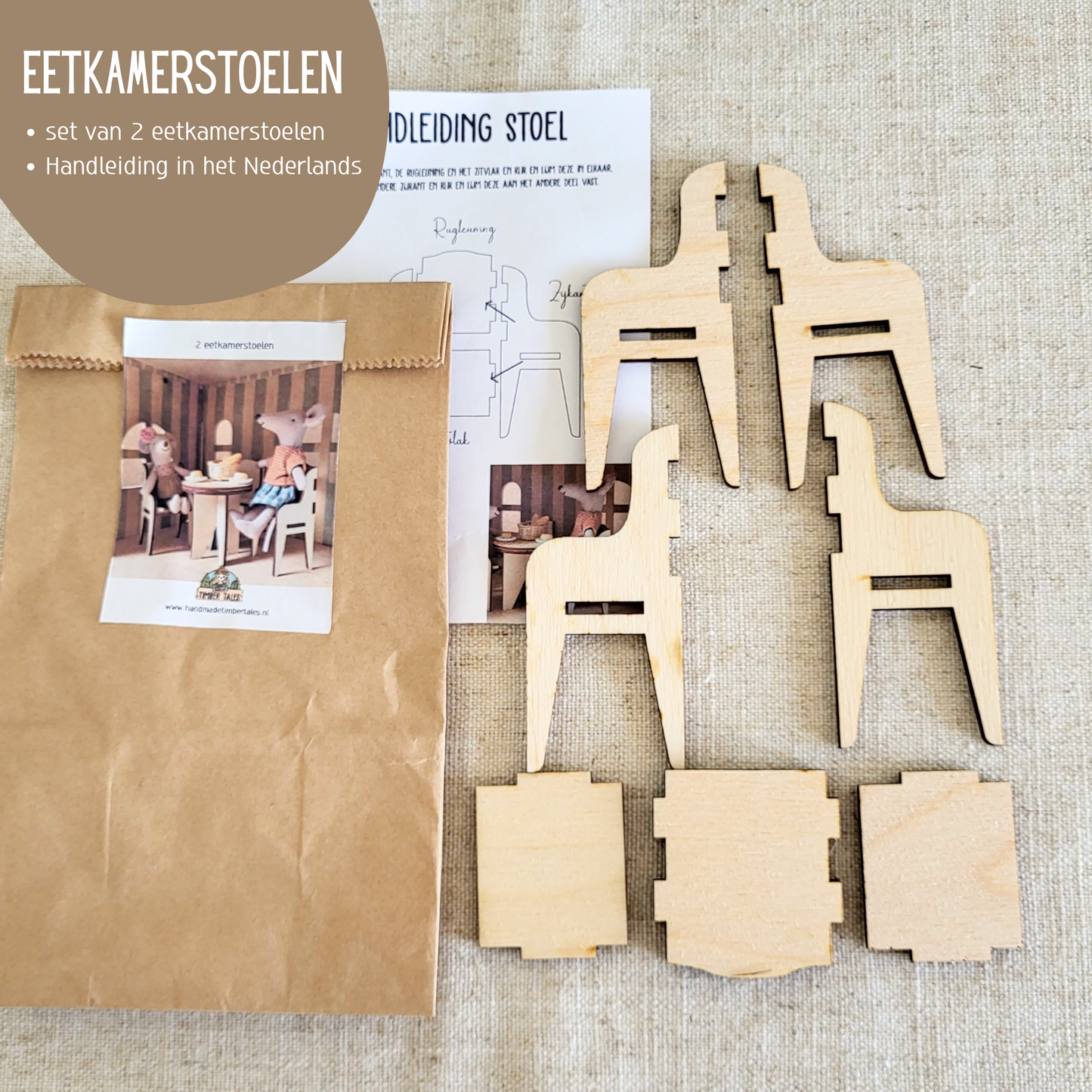 Poppenhuis Eetkamerset - Eettafel met 2 stoelen