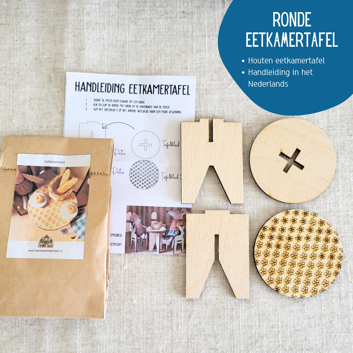 Poppenhuis Eetkamerset - Eettafel met 2 stoelen
