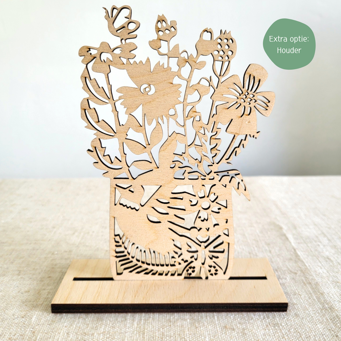 Houten Illustratie: Bloemenboeket met vogel