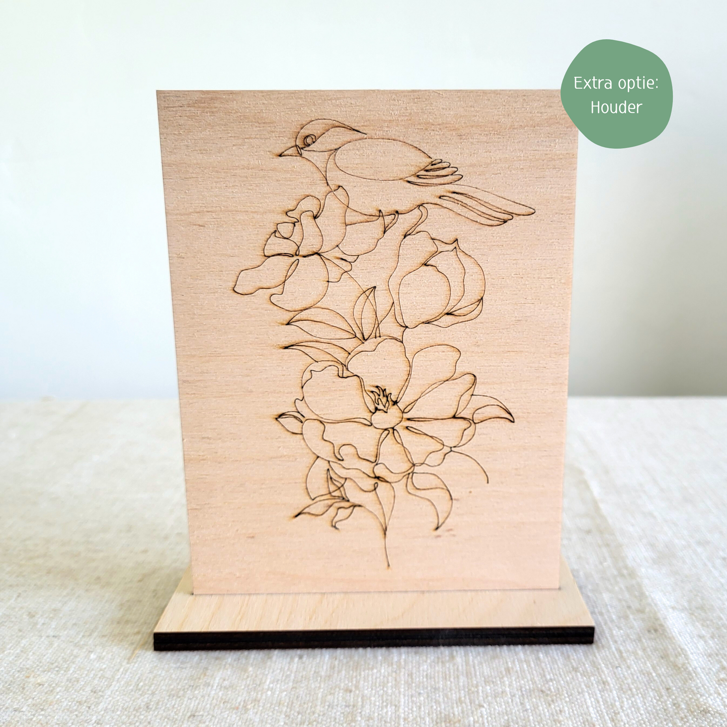 Houten Illustratie: Vogel met bloem